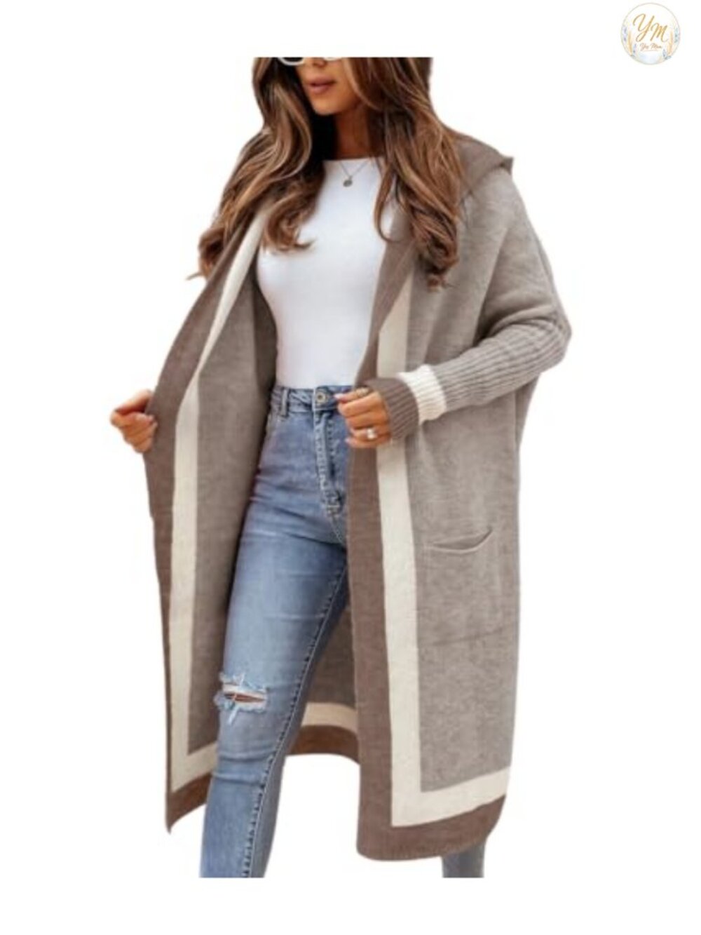 Oversized Hooded Long Cardigan Sweater with Pockets, Color Block Striped Knit,